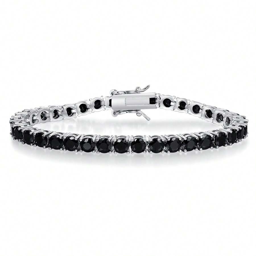 MDFUN 18K白金镀层黑色立方氧化锆网球手链，4毫米立方氧化锆吊坠手链，男女通用