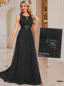 EVERPRETTY 浪漫雪纺露背荷叶边黑色伴娘礼服，适合婚礼、春夏婚礼宾客、半正式场合 - 黑色 - 查看 9