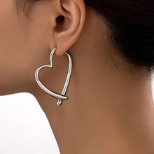 1 Pair Fashionable Minimalist Personalized Heart Hoop Earrings, Silver Color - Silver - View 7