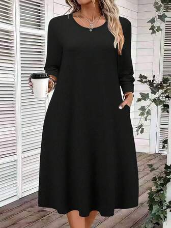Plus Size Women's Solid Color Long Sleeve Pocket Casual Dress