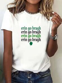 Women's St. Patrick's Day Fashion T-Shirt - Soft, Round Neck, Short Sleeve, Green & Black Letter Print With Shamrock Design, Casual Spring/Summer Tee For Work, Party, Or Casual Attire, Ladies T Shirts - 白色 - 查看 6