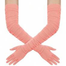 Hazhlko Women's Super Long Stretchy Ruched Mesh Tulle Sheer Gloves Costume Opera Party 1920's Dance Gloves{"Color_name":"Coral"} - Coral - 查看 1