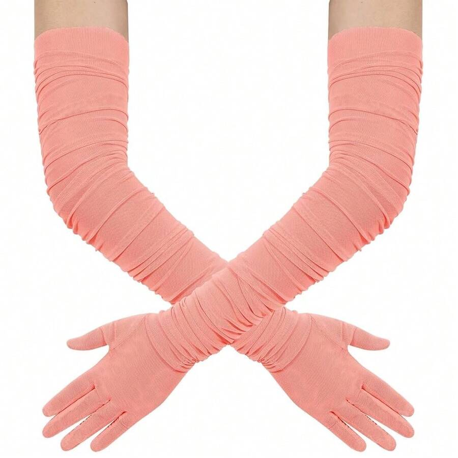 Hazhlko Women's Super Long Stretchy Ruched Mesh Tulle Sheer Gloves Costume Opera Party 1920's Dance Gloves{"Color_name":"Coral"} - Coral - 查看 1