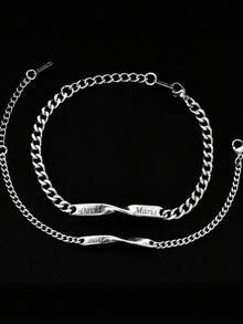 Braccialetto per coppie placcato in oro 18k in acciaio inossidabile, collana cubana da uomo, collana sottile da donna, personalizzabile con nome del marchio, regalo di San Valentino, con confezione regalo adatta come regalo di San Valentino - Personalizzazione del doppio nome - argento - Visualizzare 7