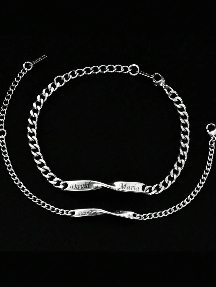 18K Gold Plated Stainless Steel Couple Bracelet, Men's Cuban Link Chain, Women's Delicate Chain, Customizable Brand Name, Valentine's Day Gift, Gift Box Included - Double Name Customization-silver - View 7