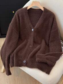 Plus Size Women's Solid Color Drop Shoulder Long Sleeve Single-Breasted Casual Cardigan, Elegant & Graceful Faux Fur Sweater, Coffee Color