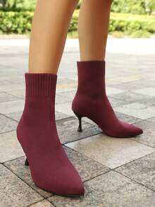 Fashion Knitted Short Boots, Pointed Thin Heel Elastic Boots, Fashionable High And Thin Autumn And Winter Thin Heel Socks Boots, Fashionable Knitted Elastic Short Boots - Burgundy - View 4