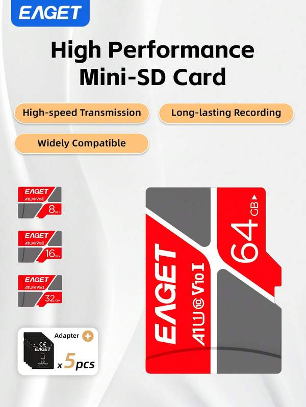 EAGET 64GB Micro SD Memory Card 100MB/S,32GB,16GB,8GB U1 V10 Flash Card Micro SD Memory Card /Android Phones/Computer/Gopro/Game Console Free 5 Adapters For Camera