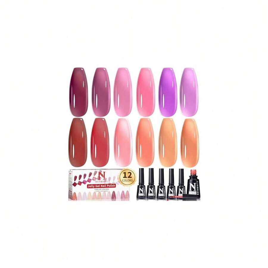 Jelly Gel Nail Polish Set, 12 PCS Autumn Sheer Nude Pink Jelly Nail Polish Gel Neutral Nail Art Design Korean Icy Transparent Gel Nail Polish Kit UV LED Soak Off Gel Polish{Inchcolor_nameinch:InchJellyGelNailPolishSet-12Colors-2inch} - 果凍凝膠指甲油套裝-12色-2 - 查看 1