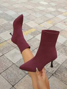 Fashion Knitted Short Boots, Pointed Thin Heel Elastic Boots, Fashionable High And Thin Autumn And Winter Thin Heel Socks Boots, Fashionable Knitted Elastic Short Boots - Burgundy - View 5
