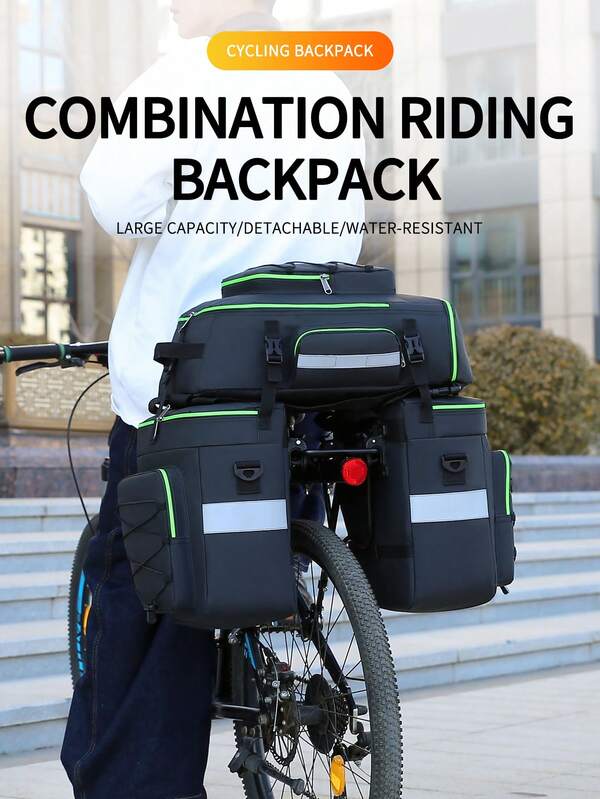 حقيبة دراجة ثلاثية الاستخدام، حقيبة حامل خلفي للدراجة الجبلية باللونين الأسود والأخضر، حقيبة مقعد خلفي للدراجة الجبلية ثلاثية الاستخدام مقاومة للتمزق مع غطاء، حقيبة سفر للدراجة الجوانب للتنقل والتسوق والركوب لمسافات طويلة