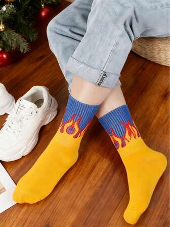 1 Pair/3 Pairs Stylish European-American Mid-Calf Socks | Unisex Flame Socks + Mid-Calf/Knee-High Dual Styles + Halloween Costume/Sports & Casual + European & American Street Hip-Hop Style + Versatile Sports Socks | Men' S Gifts