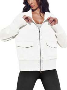 Fisoew Women's Soft Zip Up Sweatshirt Jacket - Collared Neck Long Sleeve Lightweight Outerwear | Y2K Oversized Lounge Coat, Fleece Streetwear, Plus Size, Casual Spring Fall Fashion With Pockets - trắng - Xem 3