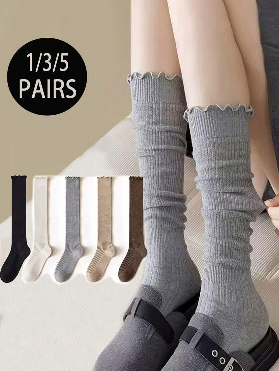 1/3/5 perechi de șosete pentru femei cu volane simple, culoare Merino, potrivite pentru purtare zilnică cu pantofi plați, pentru toate anotimpurile