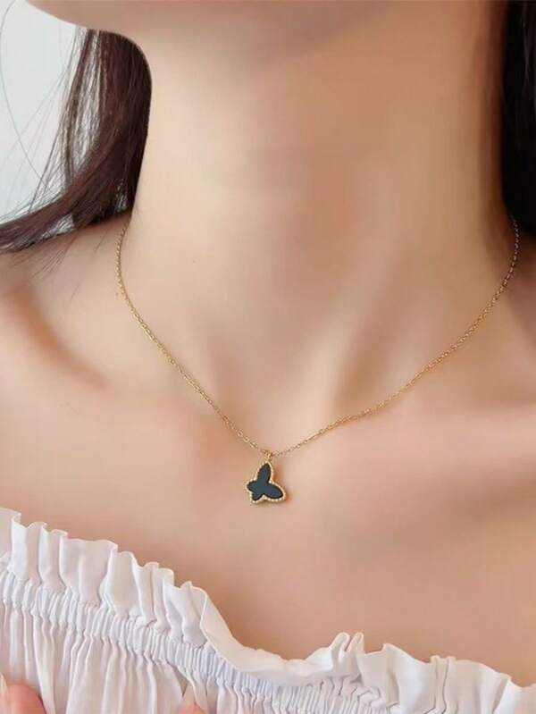 1pc Niche Design High-End Butterfly Necklace, Gold-Plated Titanium Steel Double-Sided Mother-Of-Pearl Butterfly Necklace & Bracelet, Suitable For Women's Daily Wear