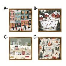 1pc 2D Flat Winter Themed Wooden Wall Art - Snowy Town Scene With Holiday Atmosphere, Christmas Festive Wall Decor, Charming Rural Landscape, Holiday Living Room Decoration - Wood Panel Painting-square - View 1