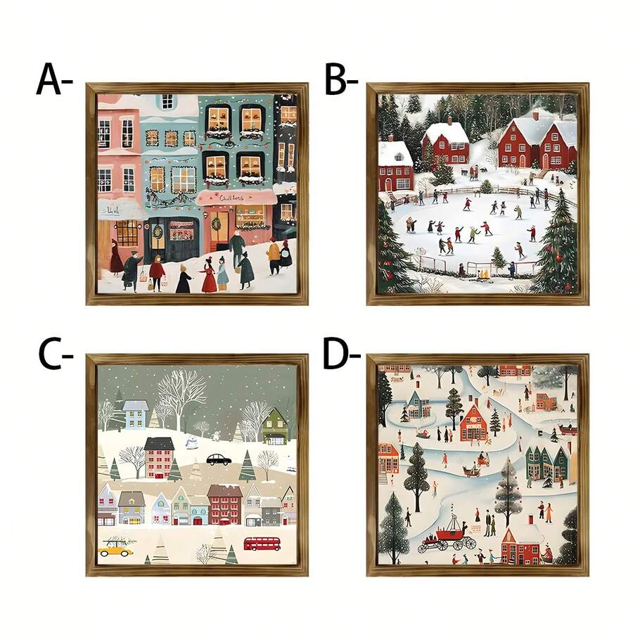 1pc 2D Flat Winter Themed Wooden Wall Art - Snowy Town Scene With Holiday Atmosphere, Christmas Festive Wall Decor, Charming Rural Landscape, Holiday Living Room Decoration - Wood Panel Painting-square - View 1
