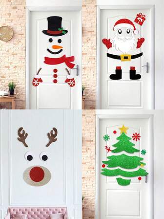 1 Set Cute Plush Santa Claus, Snowman, Reindeer Cartoon Door/Window Decals, Removable Snowman Stickers, Best Gift For Birthday, Graduation, Christmas Decoration, Essential For Christmas Events