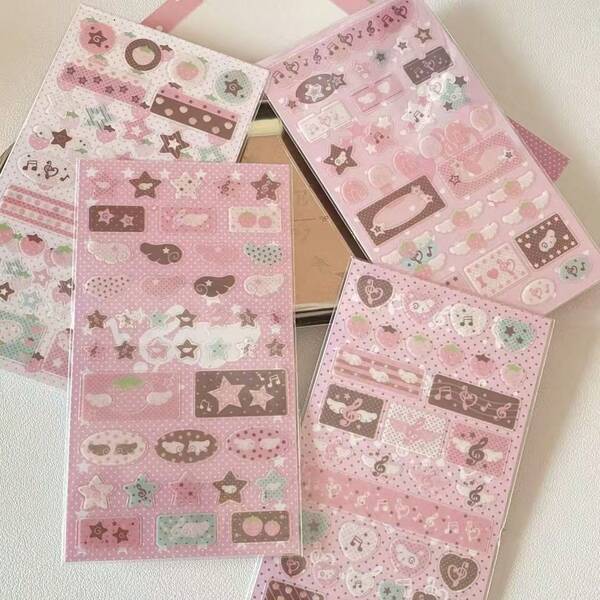 Original Pink-Brown Toned Musical Note, Strawberry, Star Shiny Membrane Sticker, Korean Style Phone Case Decor Sticker, 3D Sparkling Musical Note Sticker