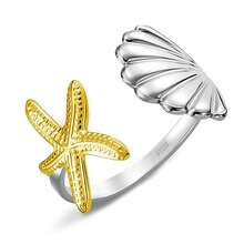 1 pieza Anillo de plata de ley 925 con diseño de estrella de mar y concha, adecuado para verano, playa, fiesta, uso diario, regalo para amigos y familia - Dorado - Ver 12