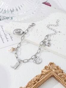 2 Juegos, Collar de cadena de perlas asimétrico vintage, Colgante de sombrero y botas vaqueras, Pulsera de estilo occidental