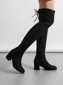 Women Chunky Heel Black Long Stretch Boot Comfortable Warm Fashion Knee-High Boot For Autumn Winter Wearing - da lộn màu đen - Xem 1