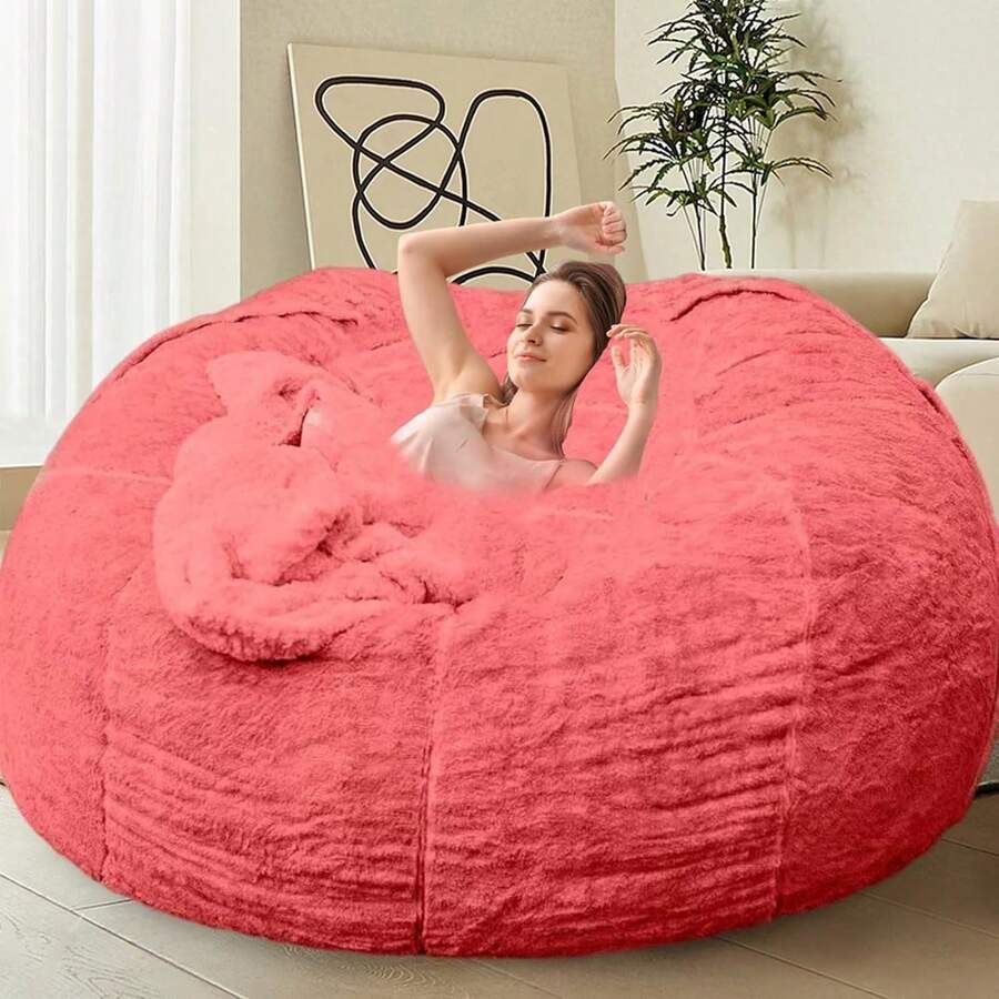 Bean Bag Chair Cover(No Filler) Soft Faux Fur Stuffed Animal Bean Bag Storage, Fluffy Plush Bean Bag Chair Cover Washable, Comfy Bean Bag Chairs For Adults - 紅色 - 查看 1