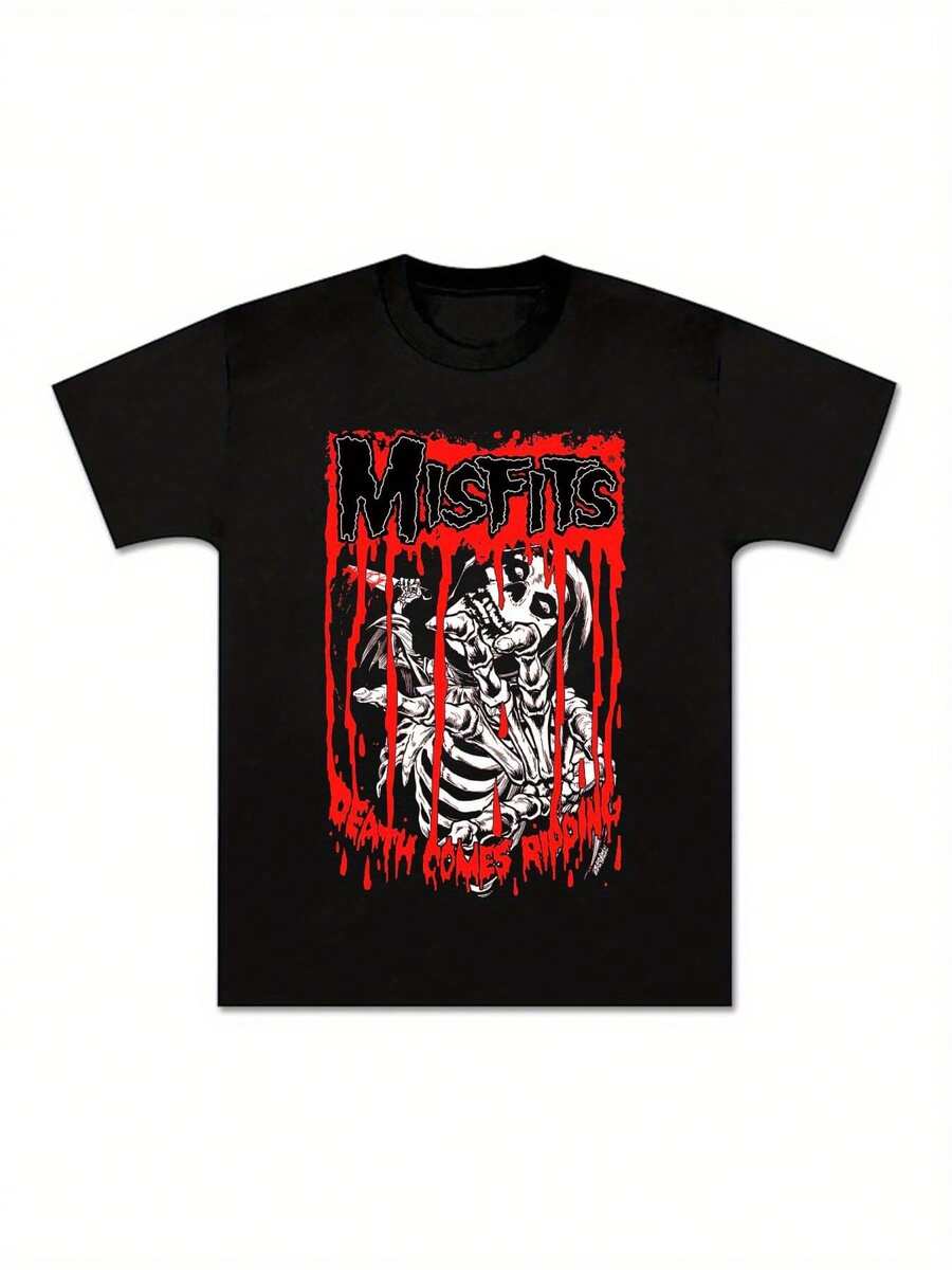 1pc Misfits Death Comes Ripping Graphic T-Shirt. 100% Cotton Crew Neck Casual Tee. Short Sve. Regular Fit. All-Season Knit Fabric. Digital Heat Transfer Print. UniBlack - màu đen - Xem 1