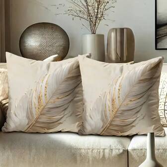 2pcs Decorative Feather Print Cushion Covers, 2D Printing, Square Single-Sided Print, Gold, Gray, White Feather Elements, 45x45cm Soft Polyester Fabric, Zipper Closure, Suitable For Holiday Parties, Sofa, Living Room, Office, Car, Home Decor (Cushion Covers Only - Insert Not Included)