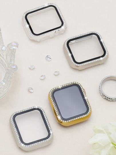 1 pieza Estuche de reloj de cristal templado ultrafino, brillante y decorado con cristales, de 2 en 1, compatible con Apple Watch de 38/40/41/42/44/45/46/49mm, para Apple Watch Series Ultra/SE/11/10/9/8/7/6/5/4/3/2/1, accesorios de estuche de reloj inteligente