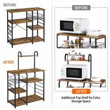 Butterslay 1pc Rustic Industrial Baker's Rack Microwave Cart With Open Storage Shelves And Hooks Utility Storage Shelf For Kitchen - Rustic Brown - 查看 4