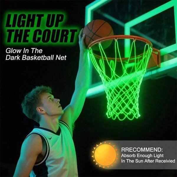 1-Piece Nightlight Basketball Net - Heavy-Duty Outdoor Nightlight Glowing Basketball Girdle Net Replacement - Nylon Net With Anti-Lash 12 Rings, Suitable For Pools, Beaches, Backyards - Sports Accessory, Gift Item