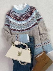 Women's Autumn/Winter Fashionable & Comfortable Geometric Fairisle Pattern Crew Neck Loose Fit Knit Pullover Sweater - Khaki - View 4