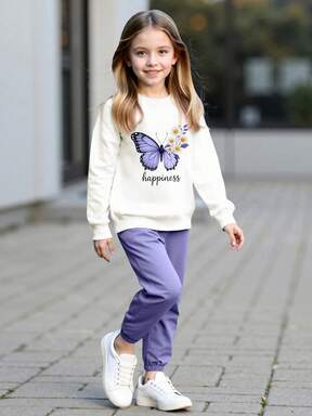 مجموعة بلوزة وبنطلون رياضي بطبعات فراشة وزهور وحرف للبنات، مريحة وأنيقة للربيع/الخريف، قطعتان