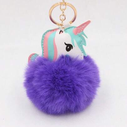 Cute Creative Unicorn Pom Pom Keychain, Plush Pony Bag Pendant, Faux Mink Fur Keyring