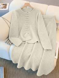 Solid Color Knitted Front Button Drawstring Casual Elegant Chinese Style Solid Color High-End Buttoned Sweater & Midi Skirt Set