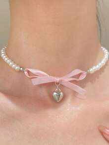 1pc Geometric Fashion Pink Bow & White Beaded Necklace Set - Butterfly - View 4