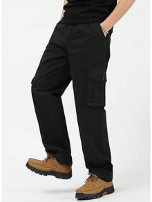 XINTM Men's Cotton Work Pants, Baggy Cargo Pants, Rip-Resistant, Multiple Pockets, Stretch, For Work, Hiking - 黑色 - 查看 3