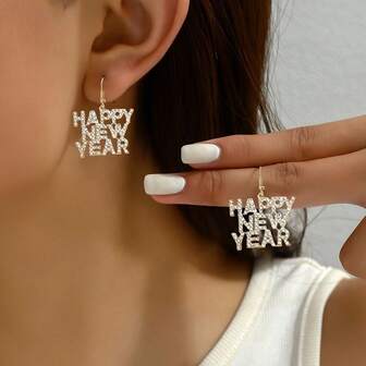 1 Pair Of Creative, Simple And Fashionable Happy New Year English Letter Earrings, Suitable For Wearing During The New Year