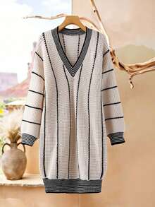 Rusticease Striped Pattern Drop Shoulder Sweater Dress - Multicolor - View 1
