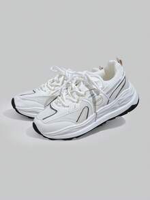 DareSee 女士字母印花撞色网布厚底休闲运动鞋，舒适透气，适合跑步和运动，音乐节礼物之选 - 米色 - 查看 3