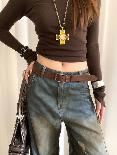 1pc Women's Coffee Color Stitching Vintage Silver Buckle Matte Leather Belt