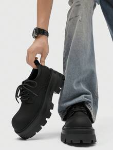 男士厚底圆头德比鞋 - 系带哑光深色乐福鞋，时尚复古正式礼服鞋和婚礼礼服鞋 - 黑色 - 查看 1