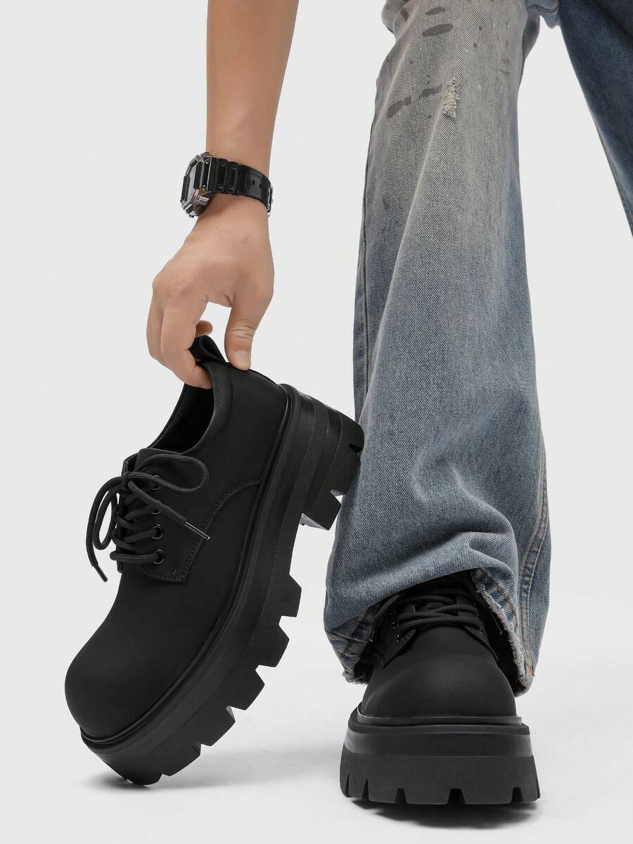 男士厚底圆头德比鞋 - 系带哑光深色乐福鞋，时尚复古正式礼服鞋和婚礼礼服鞋 - 黑色 - 查看 1