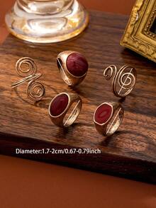 5 Pcs Retro Vintage Stacked Swirl Rings Set , Red Color Resin Decor Women Statement Ring Jewelry Suitable For Daily Wear - Multicolor - View 4