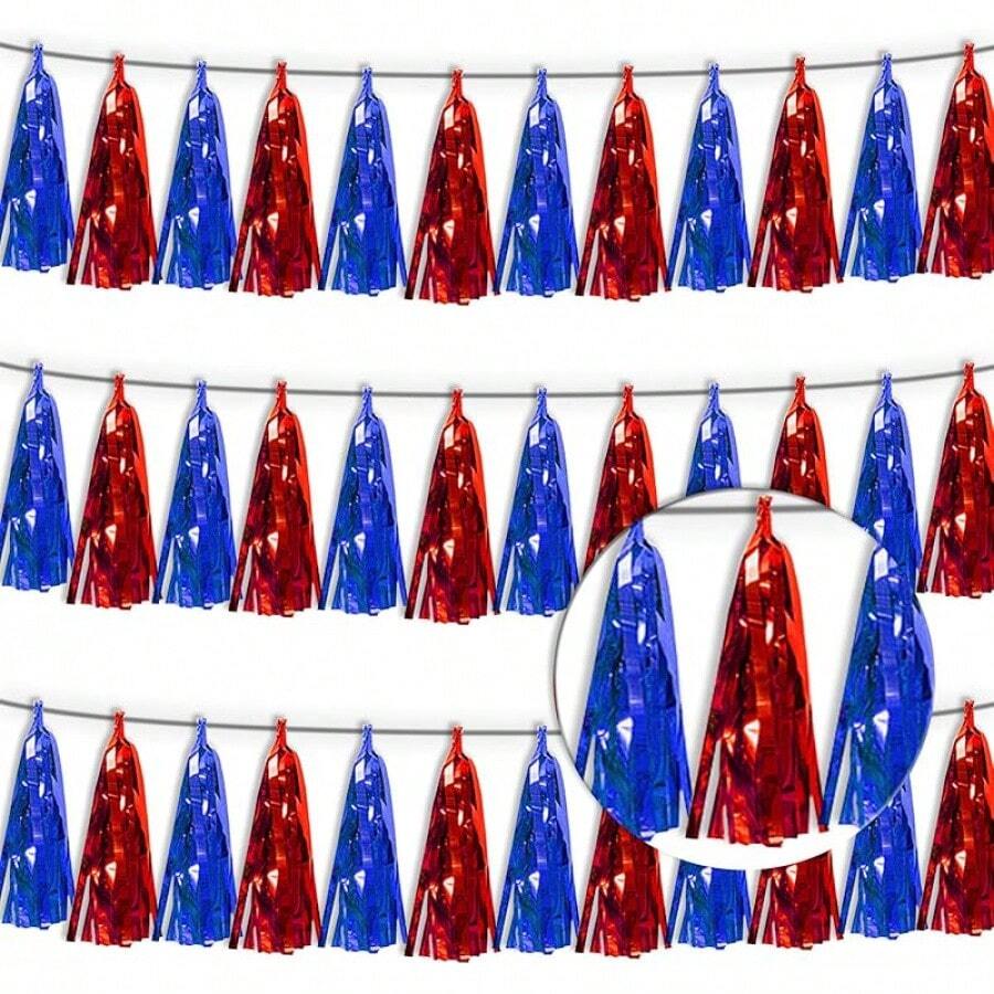 3P Metallic Fringe Tassel Banner Garland Foil Tinsel Streamer Wall Hanging Curtain Backdrop Banner For Parade Floats, Graduation Decorations, Father's Day Party Decoration(Silver)Halloween Christmas New Year - Blue Red - 查看 1