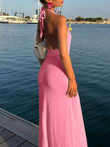 Women's Vacation Style V-Neck Halter Sexy Knitted Sweater Dress Backless Embroidery Open Leg Sleeveless Floor-Length Satin Gown Maxi Spaghetti Strap Floral Bodycon Beach Long Cover Up Summer Side Slit Cocktail Party Dresses - Hot Pink - View 7