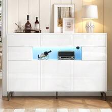 Modernes Sideboard 140 cm mit LED-Beleuchtung »Aura<< – Hochglanz-Weiße Kommode mit 3 Schubladen, 5 Schrankfächern & Metallbeinen – Elegantes Wohnzimmermöbel aus MDF