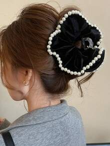 1 Stück koreanische Samt-Perlen Haarklammer, elegante Haarklammer, hochwertiges Haarstyling-Accessoire geeignet für den täglichen Gebrauch (zufälliger Bodyklipp) Modische Haarspange, elegante Haarzubehör - Schwarz - Übersicht 5