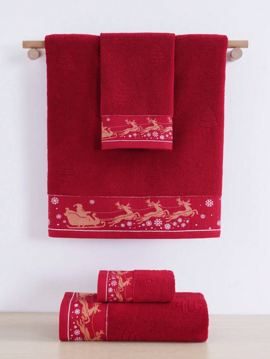 QIBHI Toalha de Banho/Banho Bordada com Rena de Natal em Cor Sólida (3/2/1 peças - Tamanho P) - Ideal para Presente de Natal, Festa de Casais, Decoração Natalina, Salão de Beleza, Hotel, Esportes, Artigos Essenciais para Casa e Cuidados com a Pele.